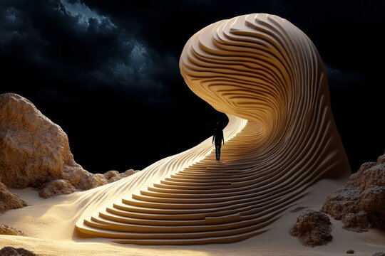 3D-rendered scene of a person walking up an endless staircase, fully animated, with each step leading to nowhere, symbolizing the absurd futility of existence