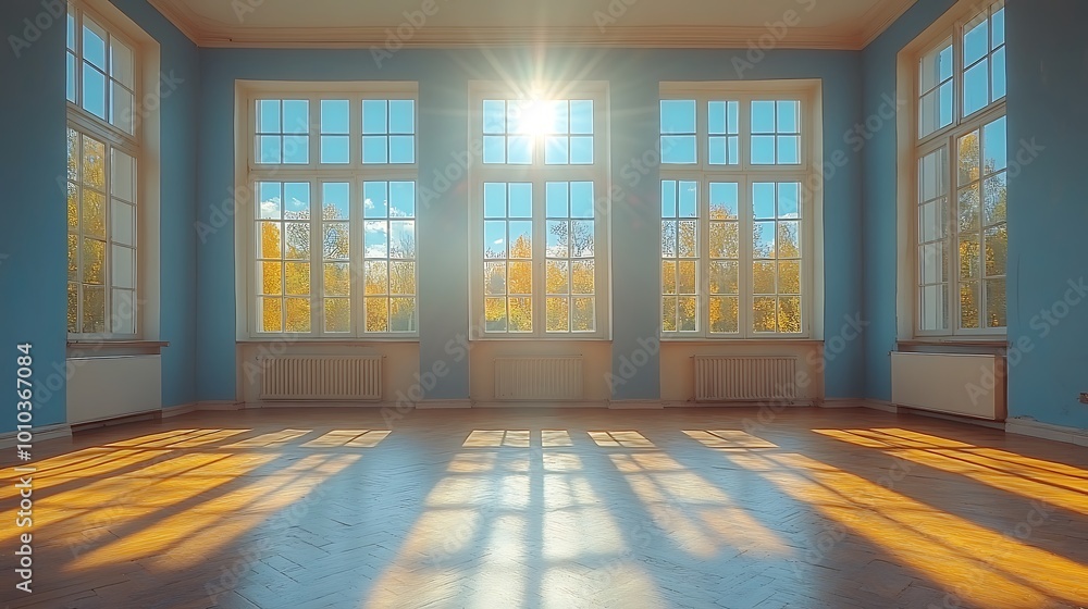 Poster sunbeams stream through large windows in an empty room with hardwood floors.
