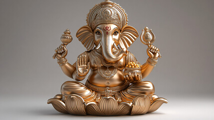 Fototapeta premium Golden statue of seated elephant-headed deity holding lotus and pot of sweets on lotus pedestal. Serene and vibrant, perfect for religious or spiritual contexts.