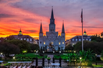 Obraz premium A sunset casts St. Louis Cathedral in a soft, warm light, St. Louis Cathedral, New Orleans, Louisiana