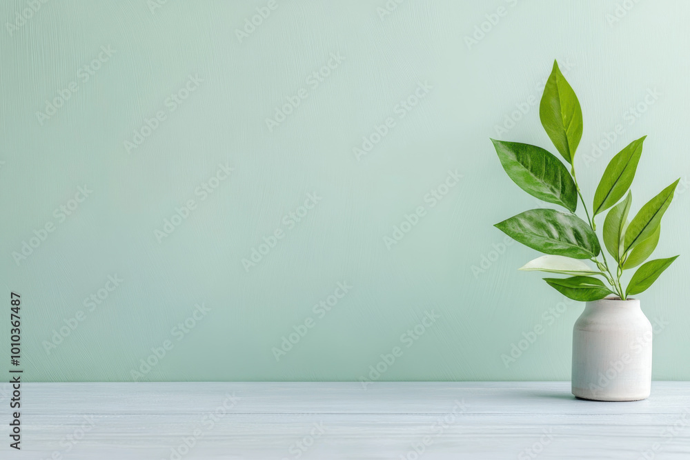 Poster serene green background complements simple vase with fresh leaves, creating clean and calming atmosp