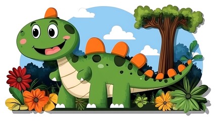 Cute Green Dinosaur Cartoon Illustration in Nature