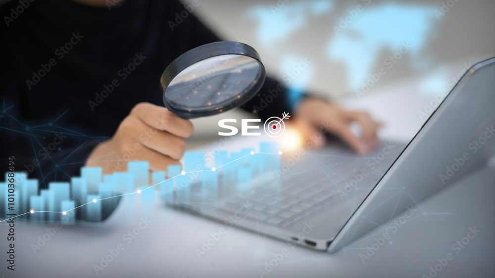 Poster using technology for analysis seo search engine optimization marketing ranking traffic website inter