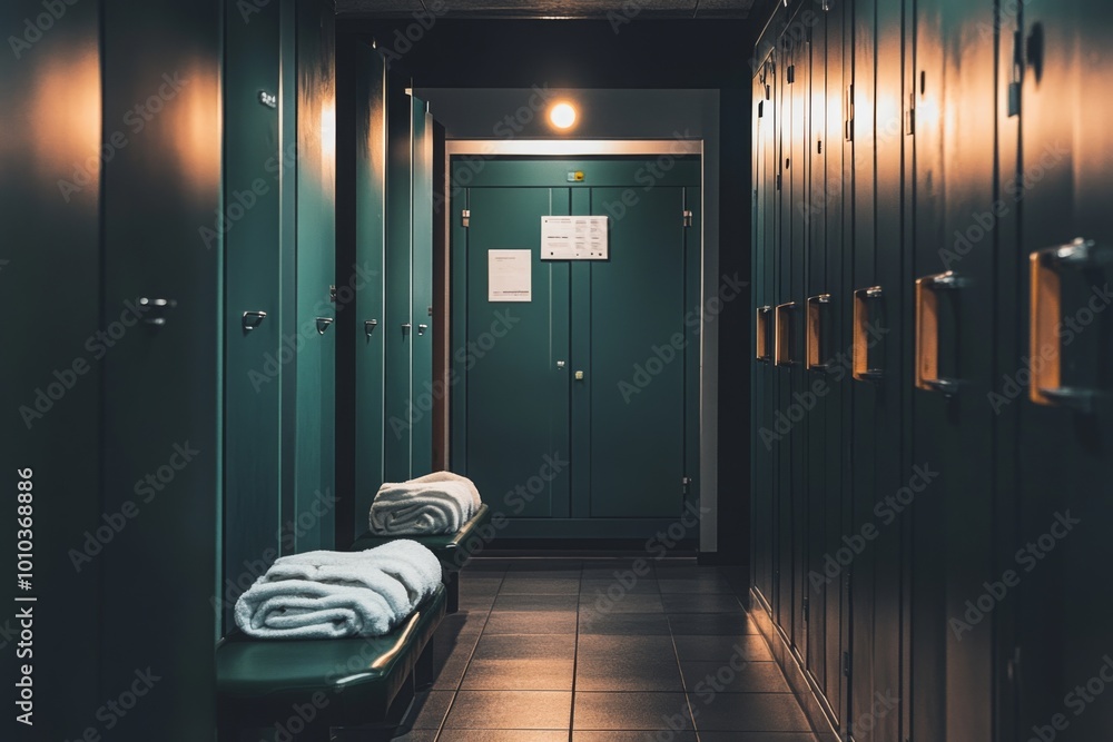 Poster empty locker room with towels on a bench