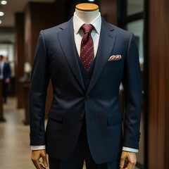 Professional suits on the showroom display. Navy blue and black suits