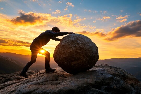 A figure pushing a boulder that always rolls back, symbolizing the futility of trying to change one&acirc;&euro;&trade;s fate in a deterministic world where every effort is predetermined