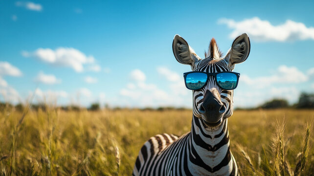 A playful zebra wearing sunglasses smiles in a sunny golden field during the afternoon
