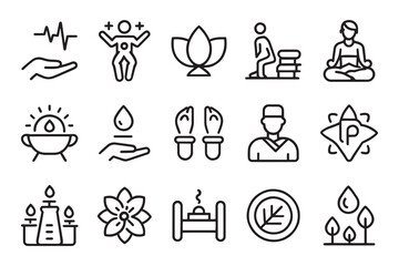 Massage, yoga, relaxation, healthcare, medical related editable icon set isolated flat vector illustration white background.