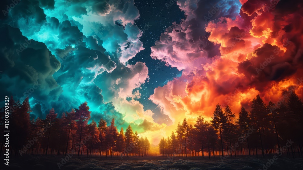 Poster mysterious forest with luminescent glow at twilight