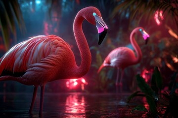 A futuristic city where robotic flamingos patrol neon-lit wetlands, blending technology with nature in a vision of tomorrow's wildlife