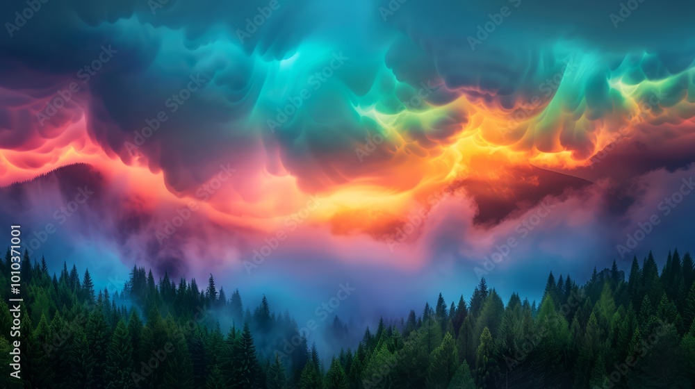 Poster surreal twilight sky with glowing luminescent clouds