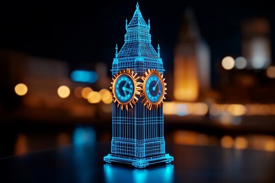A futuristic clock tower with holographic gears, representing the mechanized, inevitable passage of time and destiny in a technologically advanced, deterministic world