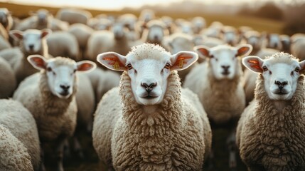 Fototapeta premium A flock of sheep stand in a field, looking at the camera.