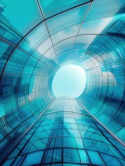 Naklejka premium Smooth gradient backdrop from teal to sky blue, worm's-eye view of futuristic architecture, sky for text