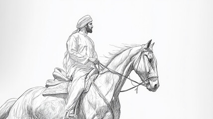 Obraz premium Man in traditional attire riding a horse under bright sunlight in a desert landscape