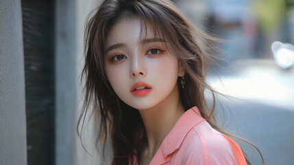 Obraz premium Young woman flaunting tight coral pink clothes in a vibrant street backdrop, capturing the essence of Koreas beauty in a selfie.