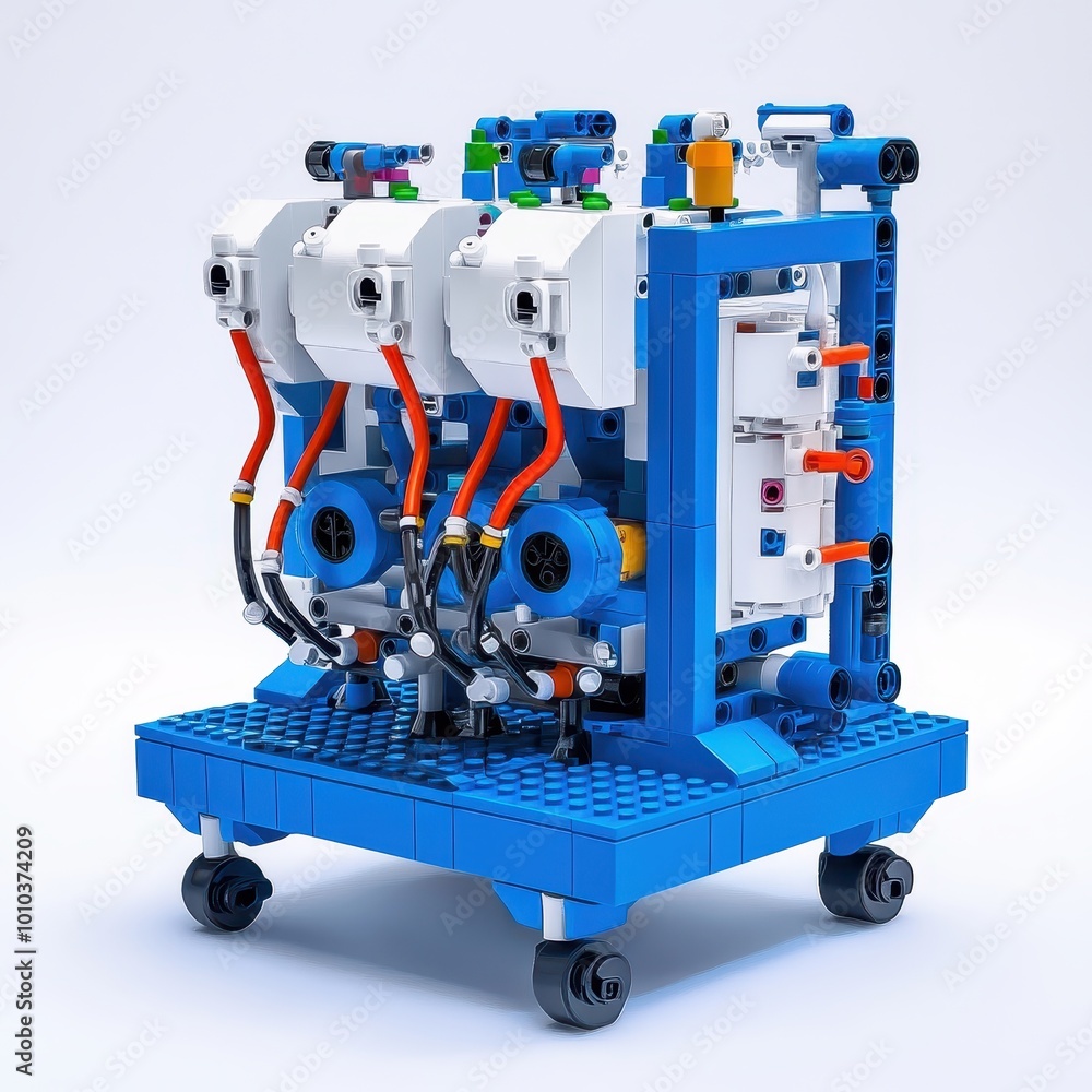 Poster a detailed model of a machine featuring multiple components and pipes for industrial use.