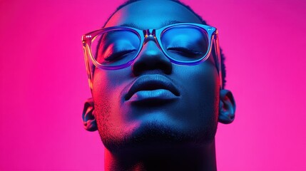 A vibrant neon portrait of a Black man in glasses, highlighting futuristic aesthetics and colorful lighting.