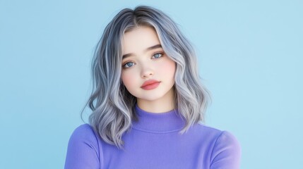 Fototapeta premium A stylish woman in a lavender top and chic vintage hair radiates charm in a minimalist setting, evoking timeless elegance.