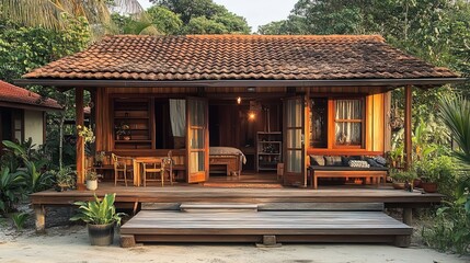 A small wooden house with an open-air terrace in the front