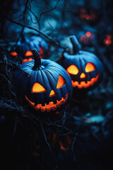 Fototapeta premium Three pumpkins with glowing eyes and mouths are hanging from a tree branch. The scene is set in a dark, spooky atmosphere, with the pumpkins adding a sense of Halloween spirit