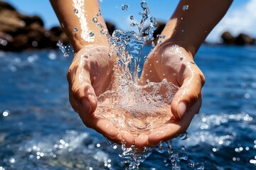 Fototapeta premium A person trying to catch water in their hands as it slips through their fingers, symbolizing the absurdity of trying to hold onto meaning in a fleeting and chaotic world