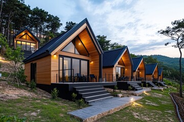 Obraz premium A row of wooden houses on a hillside, surrounded by fields and trees, representing rural housing built in harmony with nature