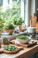 Kitchen counter with herbal tea preparation in progress. Fresh herbs are being chopped for the teapot