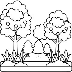 garden with trees outline coloring book page line art drawing