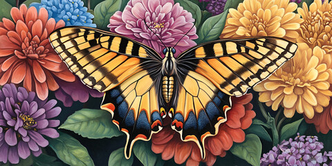 A beautiful Yellow butterfly surrounded by colorful flowers
