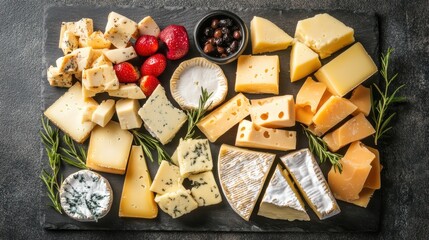 A diverse cheese platter with fruits and herbs, perfect for gatherings or tastings.