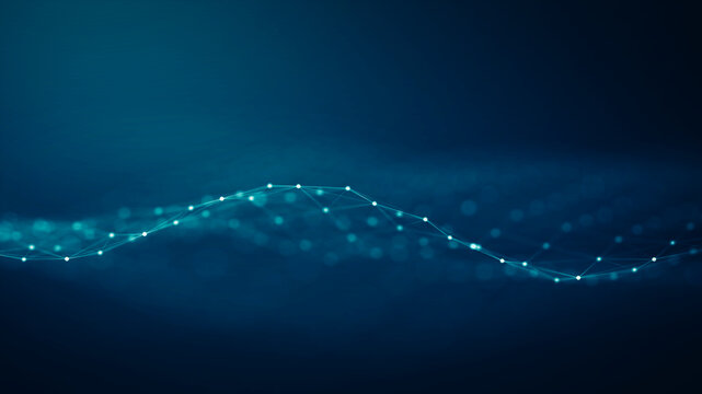 Abstract connected dots and lines on blue background. Communication and technology network concept with moving lines and dots.