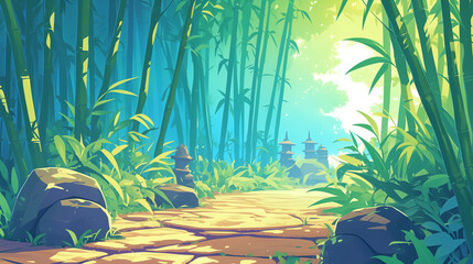 Obraz premium Bamboo forest path leading to distant pagodas in sunlight