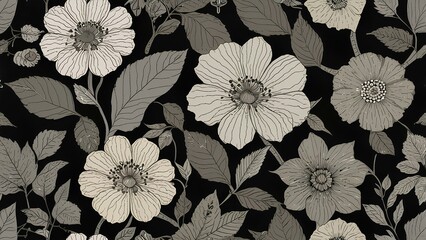 Obraz premium Monochrome Pencil and Ink Floral Drawing: Simplistic Vector Art with Traditional Japanese Influence
