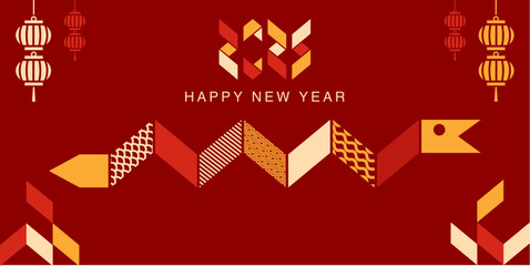 Chinese new year background. Geometric snake's shio in gold and red 2025 lunar new year.