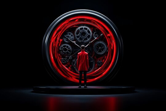 Hyper-realistic image of a person standing in front of a massive clock, with every gear and tick of the hands captured in lifelike detail, representing the control of time and fate in determinism