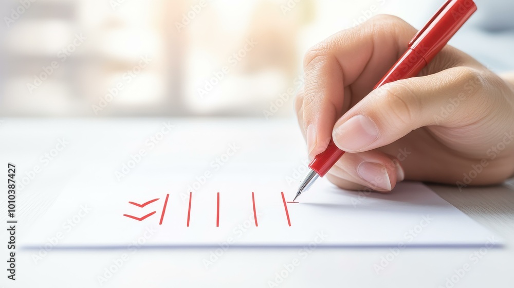 Poster hand checks off tasks with a red pen in a tidy home office, showcasing efficient productivity and or