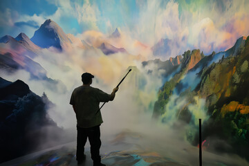 a man stands before a huge canvas, holding a paintbrush that magically creates actual landscapes