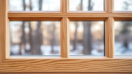 Fototapeta premium A classic wooden window frame stands out against a soft, blurred backdrop, showcasing timeless craftsmanship and charm.