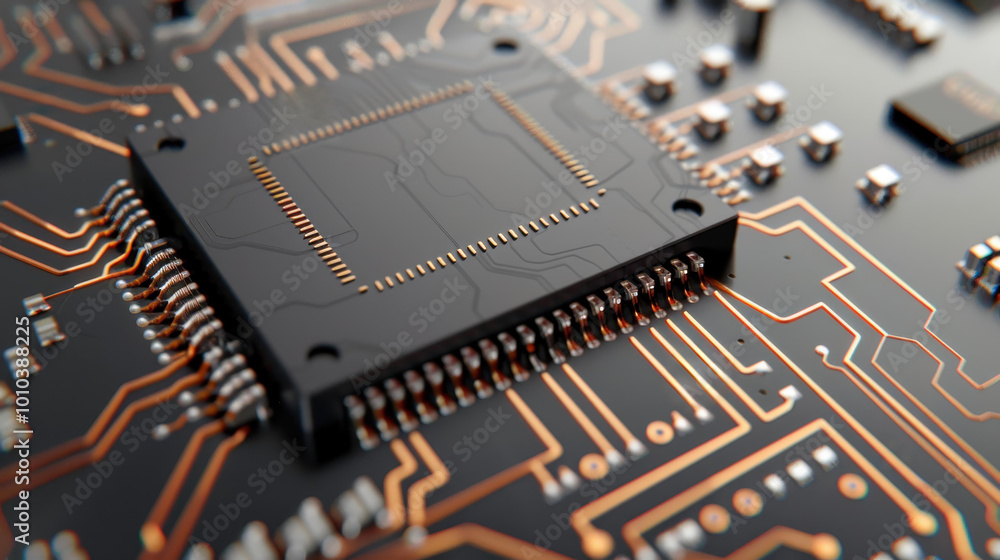 Poster a closeup view of a black motherboard featuring a central processor chip, highlighting advanced comp