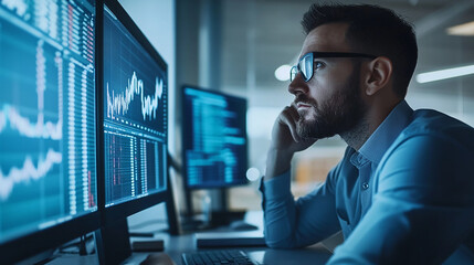 Fototapeta premium Financial analyst examining stock market trends on a computer in a modern workspace.