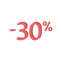 minus 30 % percent, discount sign. Marketing, adv, element, sale, decrease, price, gift, depreciation, reduction on isolated background Vector illustration