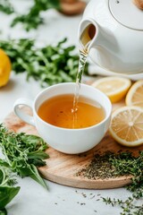 Teapot pouring herbal tea into a cup. Fresh herbs and lemon slices are scattered around