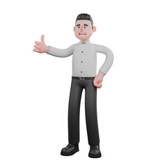 3D Urban Male.. A male businessman is standing with his left hand bent at his waist while his right hand is raised and pointing his thumb. Businessman Character Illustration