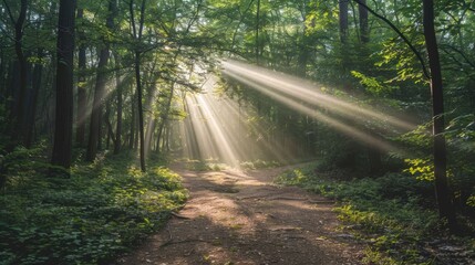 Obraz premium Sun Rays Illuminating a Forest Path
