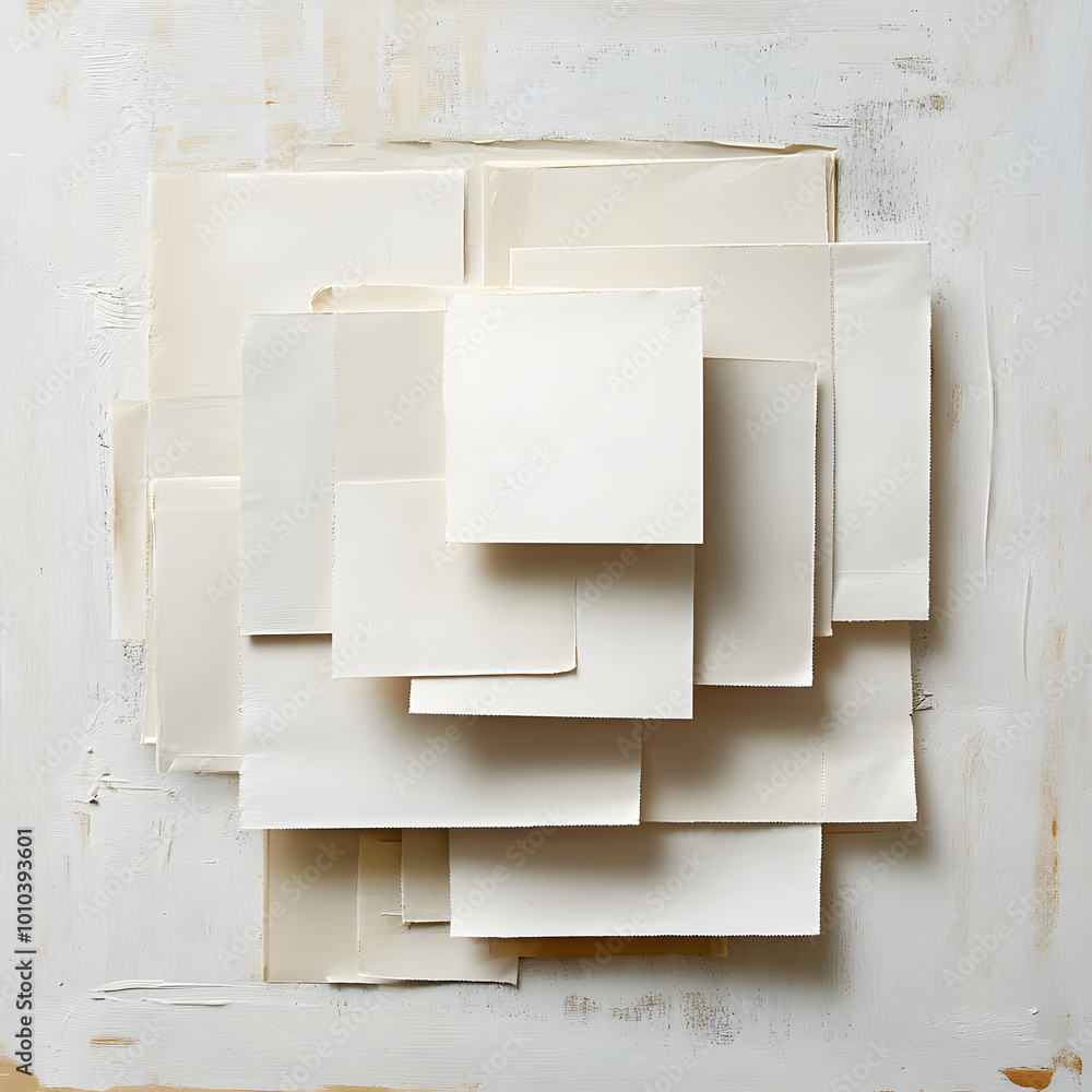 Poster layered blank notes with different sizes, each held by adhesive tape at varying angles