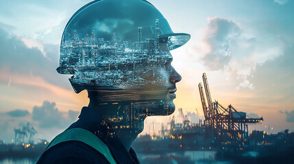 Double exposure Engineer hardhat ensures the use of machine learning for enhanced customs clearance processes.