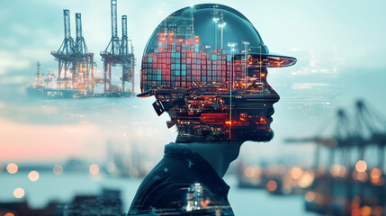 Double exposure Engineer hardhat ensures the use of machine learning for enhanced customs clearance processes.