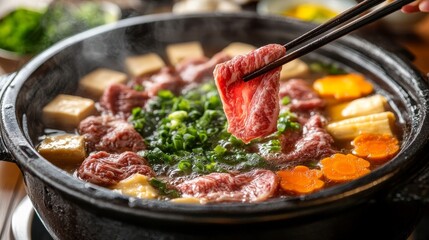 Fototapeta premium A close-up view of a hot pot, with thinly sliced beef being carefully dipped into the steaming broth using chopsticks. Fresh vegetables, mushrooms, and tofu float nearby