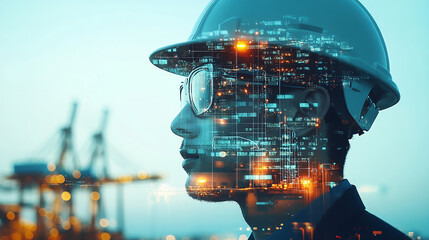 Double exposure Engineer hardhat leverages big data to forecast shipping demand and optimize container usage.